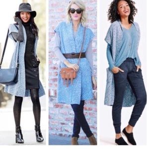 cAbi 3165 Cardigan Medium Blue Sleeveless Knit Vest Long Duster Open Front Napa